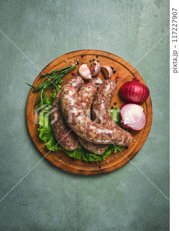 raw kupaty, traditional Georgian sausages, raw sausages, with spices and herbs, Georgian cuisine, 117227907