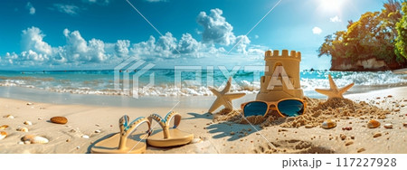 Castle made of sand with flip-flops and sunglasses on beach background, copy space 117227928