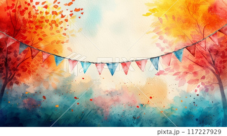 Watercolor painted garlands with colored flags in fall park background. Copy space 117227929