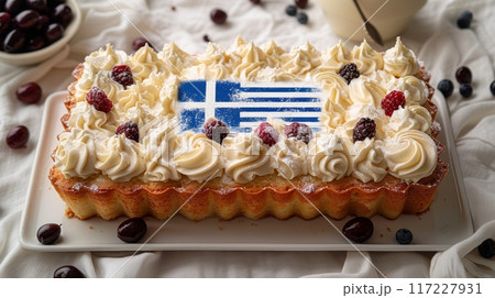 cake with Greece flag. dessert for National Independence Day, top view, copy space 117227931