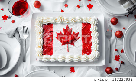 Large rectangular cake with a picture of the flag of Canada on white table, top view 117227932