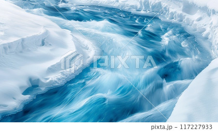 A close-up little smooth river between snow 117227933