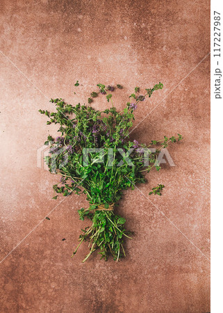 bouquet of herb ombalo, marsh mint, bunch of mint, top view, on a brown background, spice, Georgian cuisine, bouquet of herb ombalo, marsh mint, bunch of mint, top view, on a brown background, spice, Georgian cuisine, 117227987