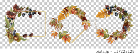 Set of three frames with autumn watercolor plant and foliage. Hand drawn floral template with copy space and gold geometric outline. Perfect for fall vibe botanical label and greeting card designs. 117228129