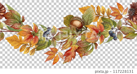 Autumn curve seamless border with watercolor texture leaf and chestnut. Hand drawn floral arrangement with realistic fall foliage. Perfect for botanical endless card template and frame designs. Autumn curve seamless border with watercolor texture leaf and chestnut. Hand drawn floral arrangement with realistic fall foliage. Perfect for botanical endless card template and frame designs. 117228131