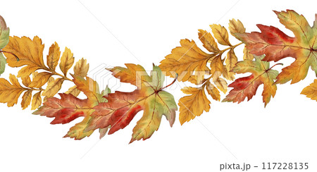 Autumn curve seamless border with watercolor texture maple leaf. Hand drawn floral arrangement with realistic fall foliage. Perfect for botanical endless card template and frame designs. Autumn curve seamless border with watercolor texture maple leaf. Hand drawn floral arrangement with realistic fall foliage. Perfect for botanical endless card template and frame designs. 117228135