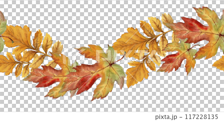 Autumn curve seamless border with watercolor texture maple leaf. Hand drawn floral arrangement with realistic fall foliage. Perfect for botanical endless card template and frame designs. Autumn curve seamless border with watercolor texture maple leaf. Hand drawn floral arrangement with realistic fall foliage. Perfect for botanical endless card template and frame designs. 117228135