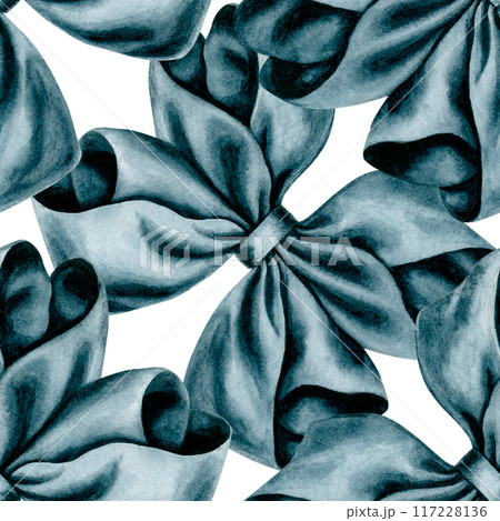 Grey bows on a white background are made with watercolors as a seamless pattern. Illustration as a template for gift wrapping, wrapping paper, textile, interior sticker, wallpaper, holiday, birthday 117228136