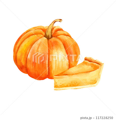 watercolor piece of delicious pumpkin pie and raw orange pumpkin, hand drawn illustration of food theme, treats for the holiday, Halloween, autumn party, cozy sketch on white background for card watercolor piece of delicious pumpkin pie and raw orange pumpkin, hand drawn illustration of food theme, treats for the holiday, Halloween, autumn party, cozy sketch on white background for card 117228250