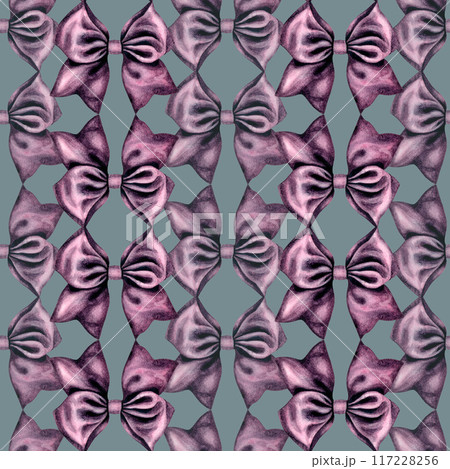 Purple bows on a grey background are made with watercolors as a seamless pattern. Illustration as a template for gift wrapping, wrapping paper, textile, interior sticker, wallpaper, holiday, birthday 117228256