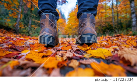 Legs in boots walking on path covered in bright autumn leaves. Fall season, forest. Low angle image 117228334