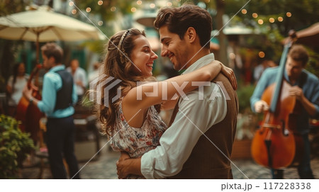 A happy couple dancing closely at an outdoor event under string lights. Romantic scene, love, party 117228338
