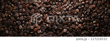 A seamless background made entirely of roasted coffee beans, providing a rich, textured look 117228532