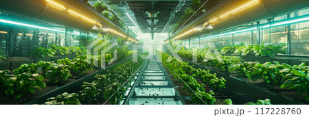A high-tech vertical farm with rows of hydroponic systems and automated grow lights nurturing crops 117228760