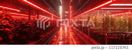 A high-tech vertical farm with rows of hydroponic systems and automated grow lights nurturing crops 117228761