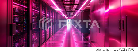 A data center with rows of servers being cooled by sophisticated climate control systems 117228770