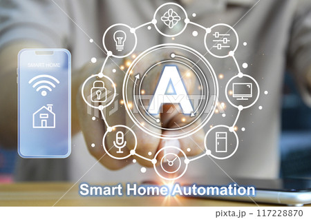 concept smart home automation control system Internet network concept, innovative technology, wireless control concept smart home automation control system Internet network concept, innovative technology, wireless control 117228870
