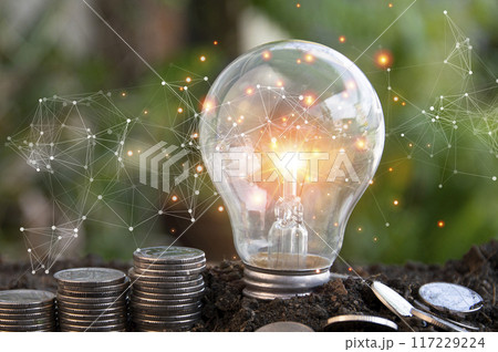 Business turnaround ideas, innovation, brainstorming, inspiration and problem solving ideas. Light bulbs and coins lay on the floor. 117229224