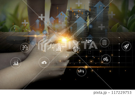 Planning & Strategy Stock Market Business Growth progress or success Businessman or trader hand touches showing virtual hologram stock invest in trading. Planning & Strategy Stock Market Business Growth progress or success Businessman or trader hand touches showing virtual hologram stock invest in trading. 117229753