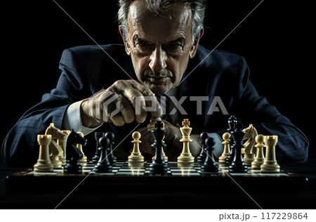 Man play chess. Business person strategy and chessboard. Professional intellectual hobby. Portrait of businessman playing chess with king in hand. Senior chessman and competition 117229864