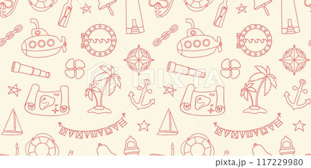 Nautical style seamless wallpaper with hand drawn elements in line art style 117229980