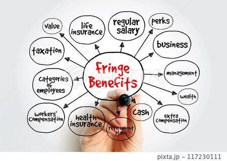 Fringe Benefits - additional benefits offered to an employee, above the stated salary, mind map concept background Fringe Benefits - additional benefits offered to an employee, above the stated salary, mind map concept background 117230111