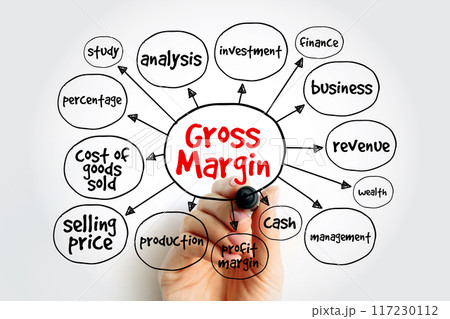 Gross Margin is the difference between revenue and cost of goods sold, divided by revenue, mind map concept background 117230112