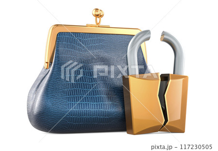 Crypto wallet hacking, concept. Coin Purse with broken padlock, 3D rendering Crypto wallet hacking, concept. Coin Purse with broken padlock, 3D rendering 117230505