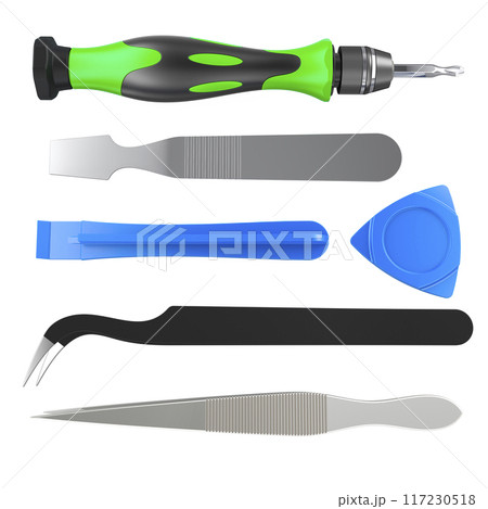 Professional Repair Tool Kit for Electronics. Metal spudger, plastic spudger, triangle opening pick, tweezers and precision screwdriver. 3D rendering 117230518