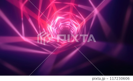 Abstract bright purple glowing background with a tunnel of lines and stripes of energy of burning rays of plasma and electricity with light 117230606