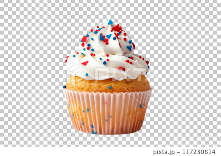 A freshly baked cupcake or muffin topped with rich creamy frosting and chocolate sprinkles, perfect for celebrations. Isolated on white transparent background A freshly baked cupcake or muffin topped with rich creamy frosting and chocolate sprinkles, perfect for celebrations. Isolated on white transparent background 117230814