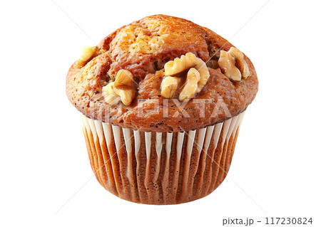 Walnut muffin or banana nut cupcake topped with crunchy nuts pieces isolated on white transparent background 117230824