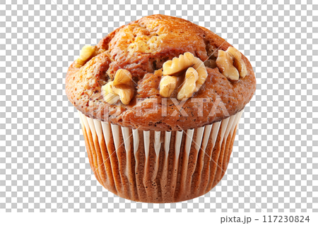 Walnut muffin or banana nut cupcake topped with crunchy nuts pieces isolated on white transparent background 117230824