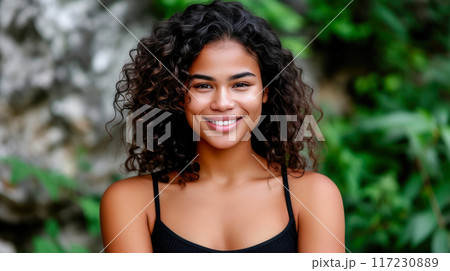 Golden Hour Delight: Smiling Black Woman by the Seashore Golden Hour Delight: Smiling Black Woman by the Seashore 117230889