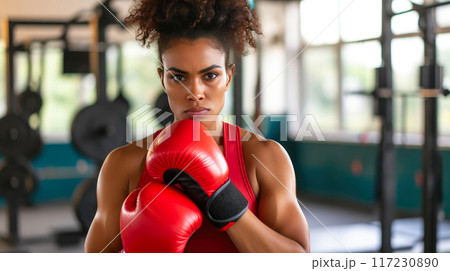 Empowered Mixed Race Lady Training in Boxing Gym 117230890