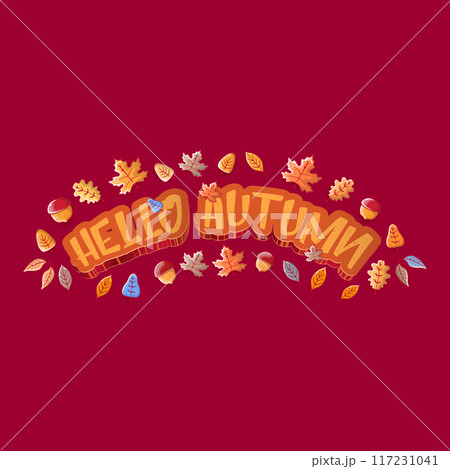 vector hello autumn banner or label with text and falling autumn leaves on red background. Cartoon hello autumn poster or banner vector hello autumn banner or label with text and falling autumn leaves on red background. Cartoon hello autumn poster or banner 117231041