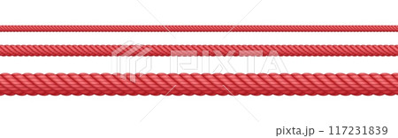 Red rope string, realistic jute cord, hemp twisted rope isolated on white background. 117231839