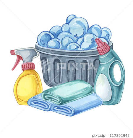 Laundry washing bin with detergent, fabric softener, stain remover and folded linen. Clothes cleaning watercolor illustration. Clipart for laundromats, maid service, housekeeping supplies packaging Laundry washing bin with detergent, fabric softener, stain remover and folded linen. Clothes cleaning watercolor illustration. Clipart for laundromats, maid service, housekeeping supplies packaging 117231945