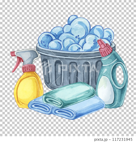 Laundry washing bin with detergent, fabric softener, stain remover and folded linen. Clothes cleaning watercolor illustration. Clipart for laundromats, maid service, housekeeping supplies packaging Laundry washing bin with detergent, fabric softener, stain remover and folded linen. Clothes cleaning watercolor illustration. Clipart for laundromats, maid service, housekeeping supplies packaging 117231945