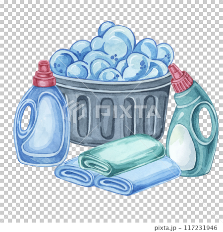 Laundry washing bin with detergent, fabric softener, stain remover and folded linen. Clothes cleaning watercolor illustration. Clipart for laundromats, maid service, housekeeping supplies packaging 117231946