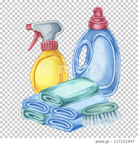 Towels and bottle of fabric softener or laundry detergent. Rags, linen with stain remover, textile conditioner, bleach refill container. Watercolor clipart for laundry service, housekeeping ,washing Towels and bottle of fabric softener or laundry detergent. Rags, linen with stain remover, textile conditioner, bleach refill container. Watercolor clipart for laundry service, housekeeping ,washing 117231947
