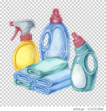 Towels and bottle of fabric softener or laundry detergent. Rags, linen with stain remover, textile conditioner, bleach refill container. Watercolor clipart for laundry service, housekeeping ,washing 117231948