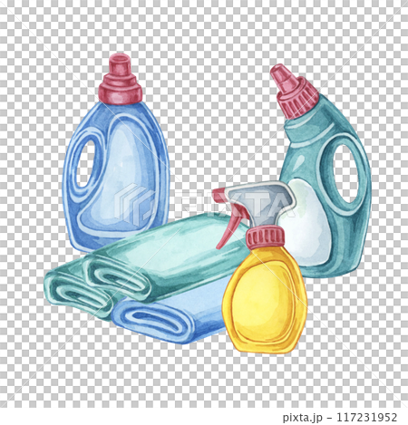 Towels and bottle of fabric softener or laundry detergent. Rags, linen with stain remover, textile conditioner, bleach refill container. Watercolor clipart for laundry service, housekeeping ,washing Towels and bottle of fabric softener or laundry detergent. Rags, linen with stain remover, textile conditioner, bleach refill container. Watercolor clipart for laundry service, housekeeping ,washing 117231952