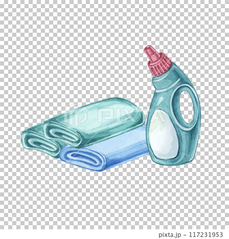Towels with bottle of fabric softener or laundry detergent. Rags, linen with stain remover, textile conditioner, bleach refill container. Watercolor clipart for laundry service, housekeeping ,washing Towels with bottle of fabric softener or laundry detergent. Rags, linen with stain remover, textile conditioner, bleach refill container. Watercolor clipart for laundry service, housekeeping ,washing 117231953