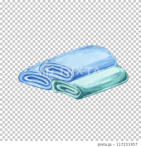 Pile of rags, washcloth or towels from cotton or microfiber material. Household cleaning utensil watercolor illustration. Clipart for housekeeping, laundry services, sticker, flyer, and posters Pile of rags, washcloth or towels from cotton or microfiber material. Household cleaning utensil watercolor illustration. Clipart for housekeeping, laundry services, sticker, flyer, and posters 117231957