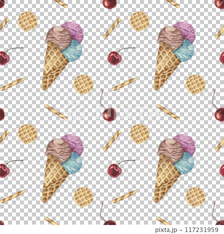 Ice cream cones, waffles and cherries watercolor seamless pattern. Whimsical hand painted clipart for textiles, wallpaper, packaging. Sweet dessert theme fabric for summer decor and scrapbooking Ice cream cones, waffles and cherries watercolor seamless pattern. Whimsical hand painted clipart for textiles, wallpaper, packaging. Sweet dessert theme fabric for summer decor and scrapbooking 117231959