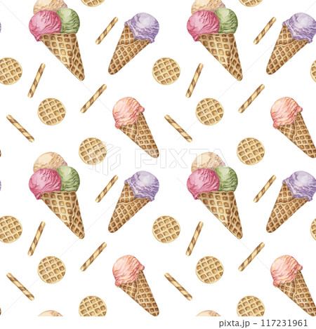 Ice cream in whimsical pastel colors seamless pattern. Retro 1950s watercolor confectionary clipart. Dessert backdrop design for textile, wrapping paper, scrapbooking, gelato or sorbet packaging 117231961