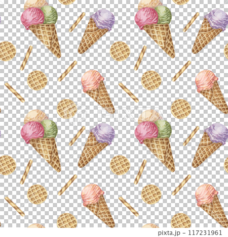 Ice cream in whimsical pastel colors seamless pattern. Retro 1950s watercolor confectionary clipart. Dessert backdrop design for textile, wrapping paper, scrapbooking, gelato or sorbet packaging 117231961