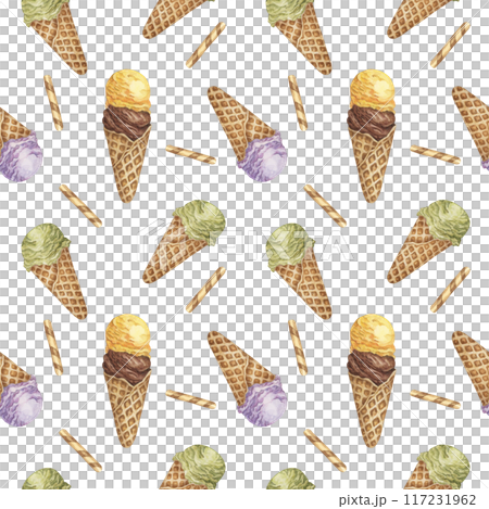 Ice cream scoops in the waffle cone seamless pattern. Lemon, chocolate, lavender, matcha flavors treat clipart Dessert watercolor print for textile, wallpaper, napkin, ice cream parlor design, covers Ice cream scoops in the waffle cone seamless pattern. Lemon, chocolate, lavender, matcha flavors treat clipart Dessert watercolor print for textile, wallpaper, napkin, ice cream parlor design, covers 117231962