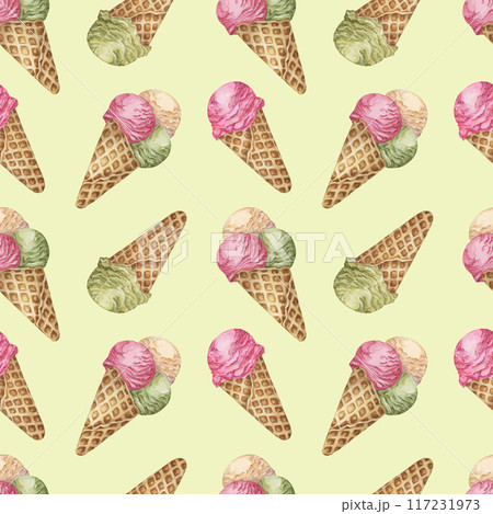 Ice cream scoops in the waffle cone seamless pattern. Vanilla, berry, pistachio or matcha flavors treat clipart Dessert watercolor print for textile, wallpaper, napkin, ice cream parlor design, covers Ice cream scoops in the waffle cone seamless pattern. Vanilla, berry, pistachio or matcha flavors treat clipart Dessert watercolor print for textile, wallpaper, napkin, ice cream parlor design, covers 117231973